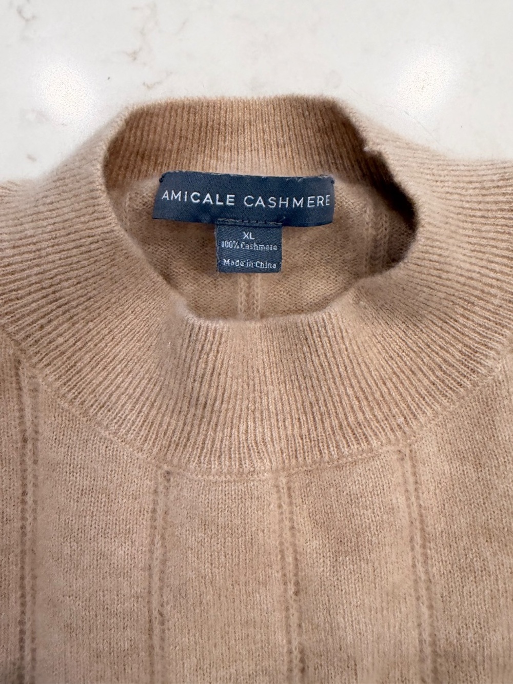 Amicale Cashmere 100% Cashmere Sweater Women’s XL Camel Tan Mock Neck Ribbed Kni - Picture 2 of 5